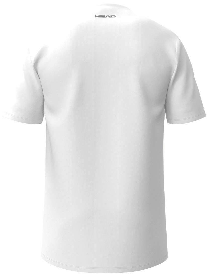 The HEAD Simple Men's Badminton T-Shirt in white is shown from the back, featuring a small black HEAD logo near the neckline. Crafted from high-quality polyester sportswear fabric for comfort and performance.