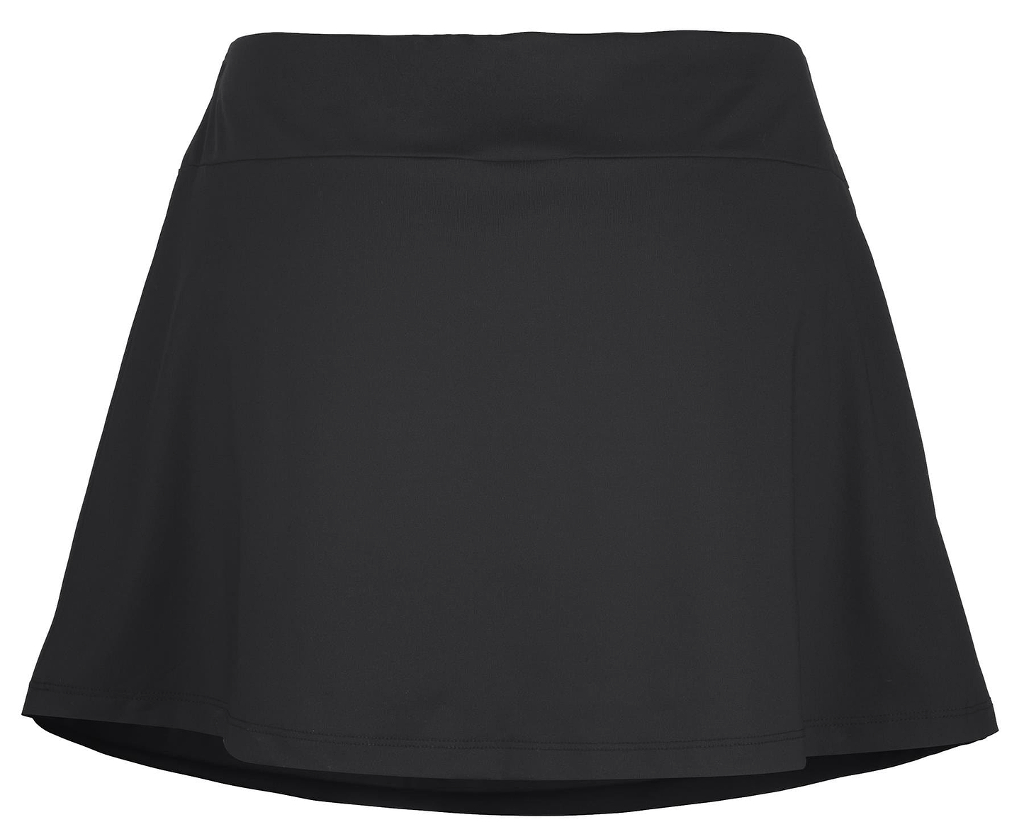 The Babolat Play Women's Badminton Skirt in black is made from recycled polyester and features a high waistband. Its smooth fabric offers 360 Motion, ideal for dynamic activities. This classic A-line design falls just above the knees and is showcased against a plain white background.