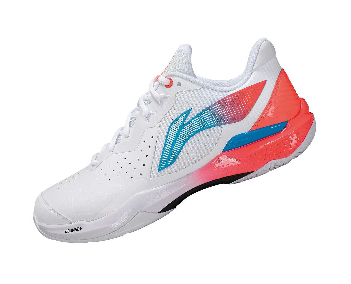 The Li-Ning LT01 Thunder Women's Badminton Shoes in White/Fruity Neon feature a breathable mesh upper, vibrant accents, and a stylized logo. They offer responsive cushioning and stability through a smooth, cushioned sole for comfort and performance.