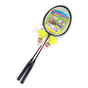The HGL Recreation 2 Player Badminton Set features two lightweight aluminum rackets with black handles and comes with a pair of durable yellow nylon shuttlecocks. This set is specifically designed for children, featuring vibrant branding on the packaging to attract young players.