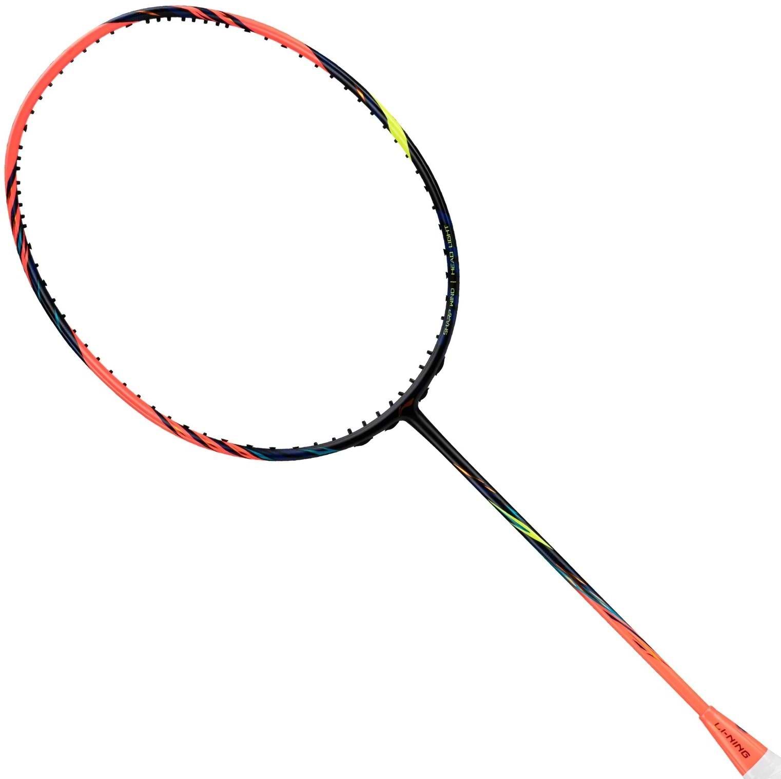 The Li-Ning BladeX 500 4U Badminton Racket - Neon True Orange features TB Nano Technology and a vibrant black, orange, and yellow frame with a matching orange shaft, displayed against a white background.