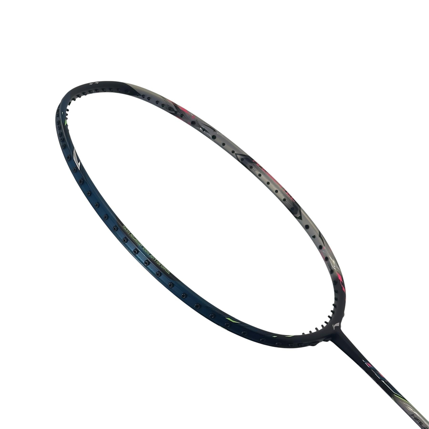 A close-up of the Li-Ning Halbertec 9000 Power Badminton Racket frame in black and silver by Li-Ning, featuring its high-performance oval head without strings against a plain white background.