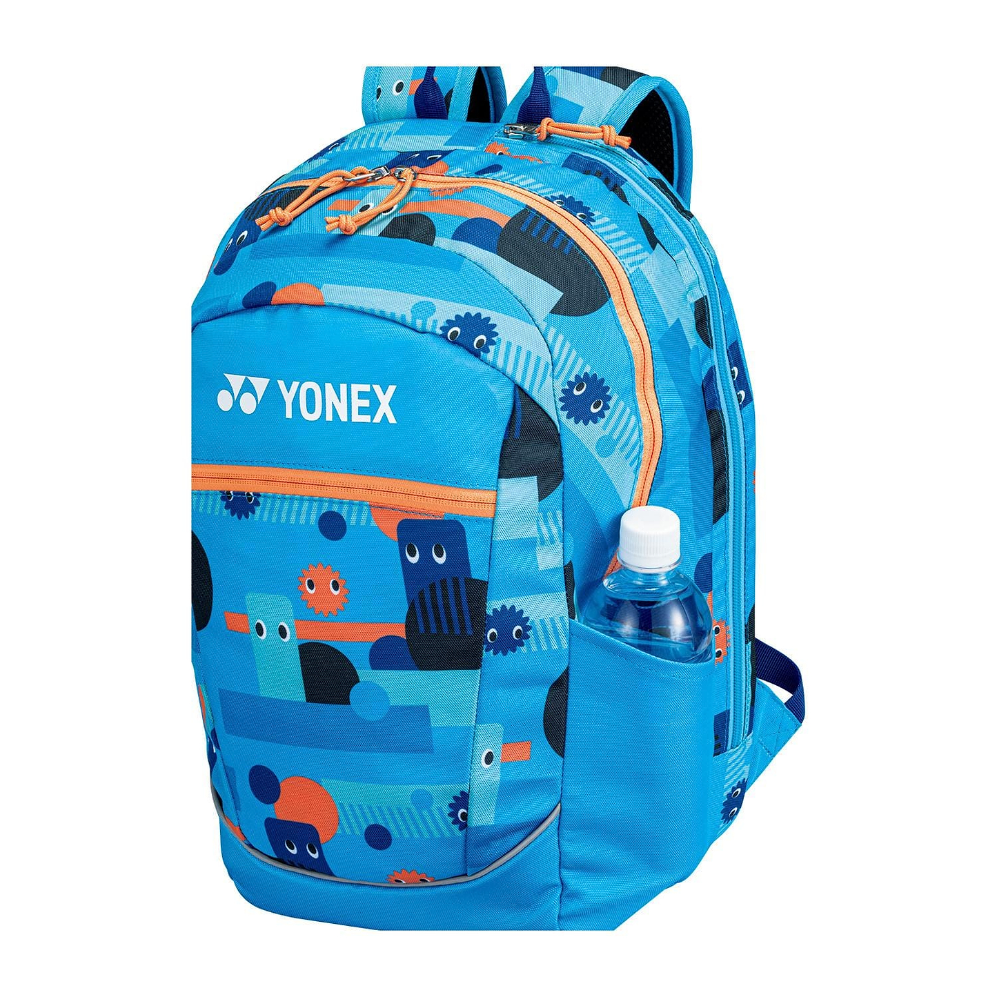 The Yonex 22512 Junior Badminton Backpack - Ocean Blue combines a spacious design with a colorful abstract pattern and playful shapes, featuring orange zippers, a side pocket for your water bottle, and padded shoulder straps for comfort.