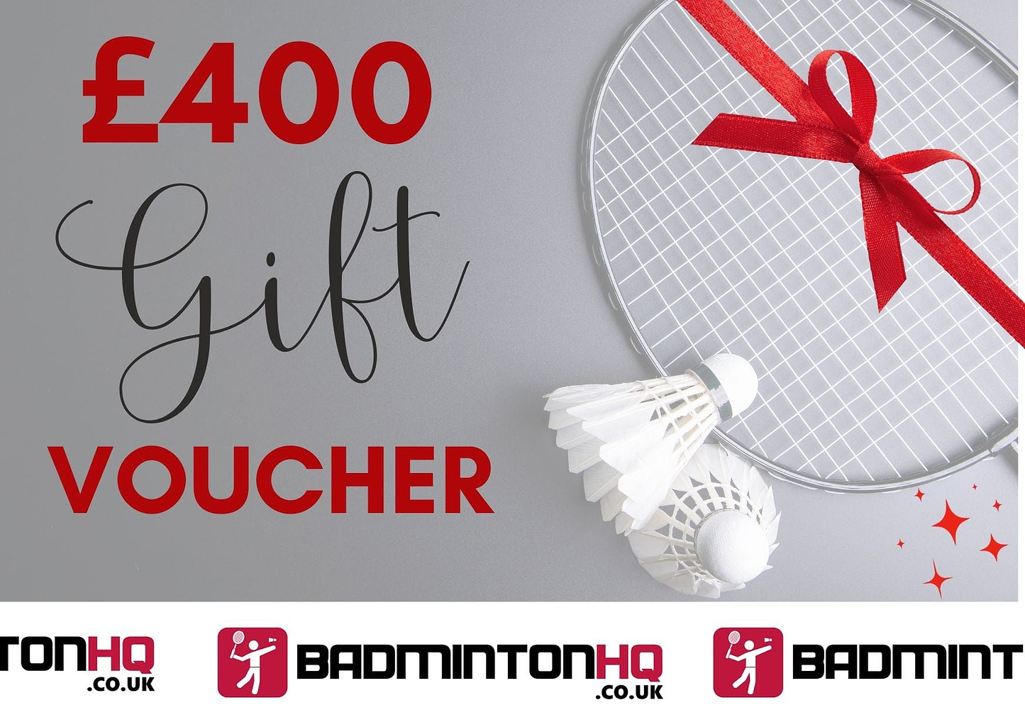 The BadmintonHQ Gift Card (£50–£500) by BadmintonHQ features a badminton racket with a red bow, two shuttlecocks, and festive text on a gray background with the BadmintonHQ logo. Perfect as a digital gift for any badminton lover!.