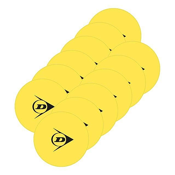 Twelve Dunlop Badminton Training Targets, featuring a vibrant yellow color and a distinctive black "D" logo, are strategically arranged in a staggered pattern on a white background.