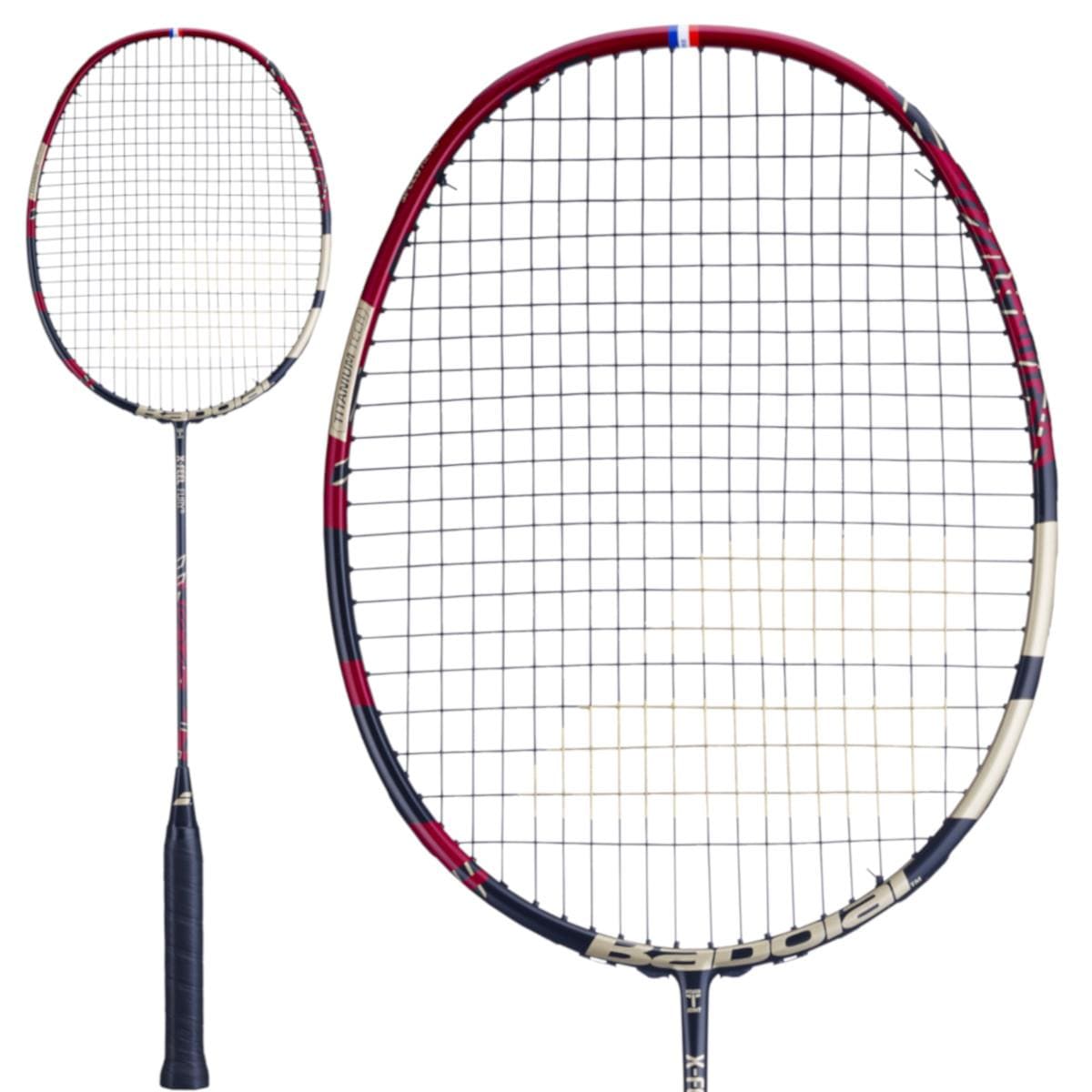 Here are two perspectives of the sleek and lightweight Babolat X-Feel Fury Badminton Racket in red and black. This racket is expertly engineered by Babolat for optimal power transmission, while its strings net enhance precision with every shot.