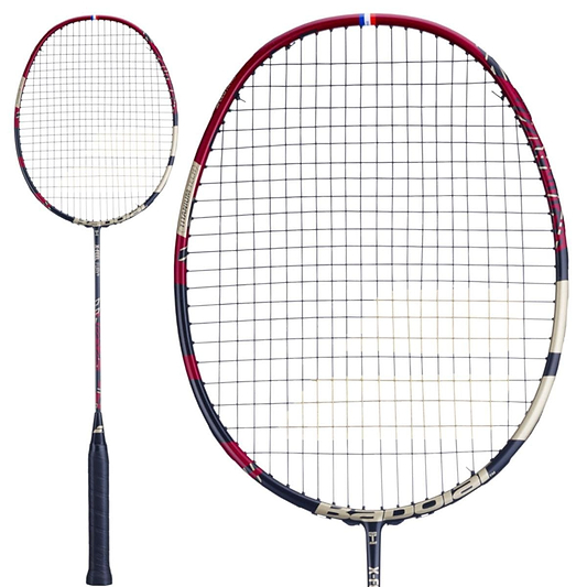 Here are two perspectives of the sleek and lightweight Babolat X-Feel Fury Badminton Racket in red and black. This racket is expertly engineered by Babolat for optimal power transmission, while its strings net enhance precision with every shot.