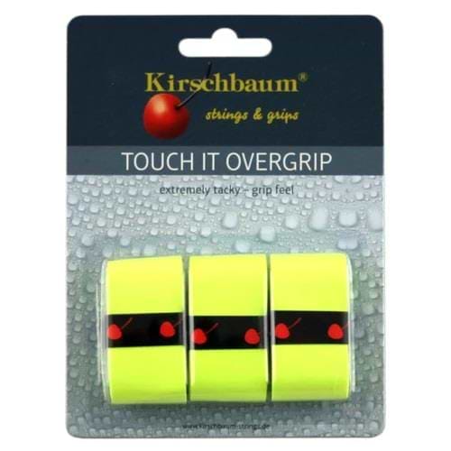 The packaging for the Kirschbaum Touch It Badminton Overgrip 3 Pack - Yellow stands out in vibrant yellow, emphasizing its "extremely tacky" qualities for enhanced grip. Every roll is secured with a black band that showcases the renowned red cherry logo, promising excellent absorption and an unparalleled grip experience.