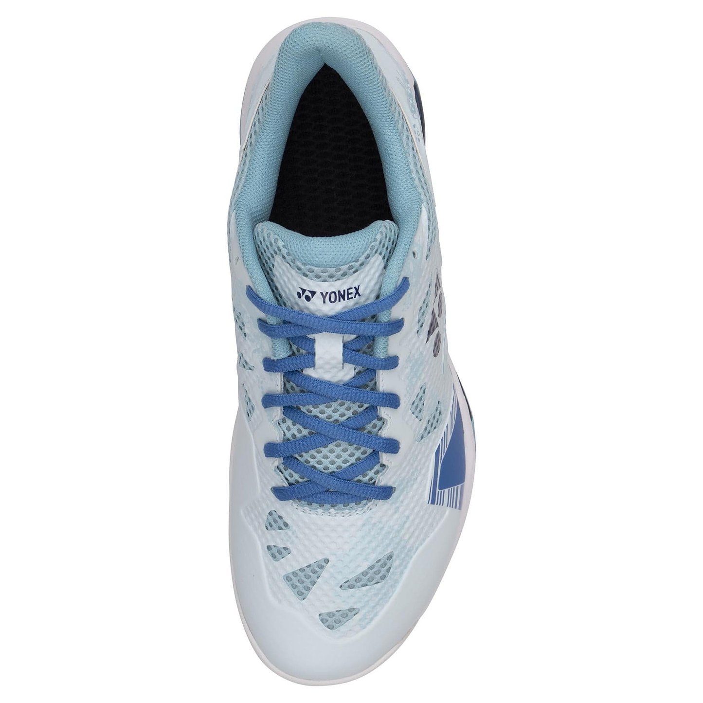 Yonex Power Cushion Eclipsion Z3 Wide Men's Badminton Shoes in light blue, featuring blue laces, breathable mesh panels, and a Yonex logo on the tongue; designed to minimize lateral shake for stability and enhanced performance.