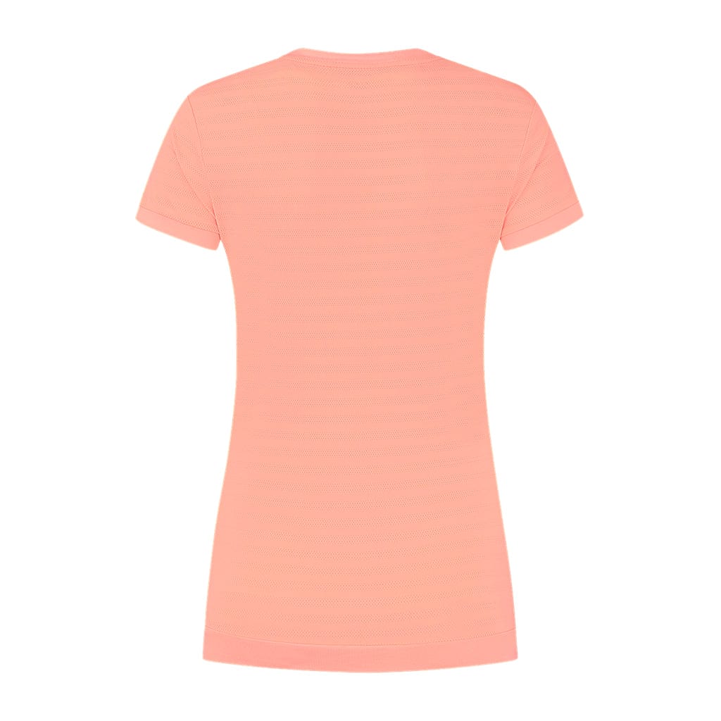 Back view of the K-Swiss Tac Hypercourt Women's V-Neck Badminton Top in a light peach hue called Desert Flower, featuring short sleeves ideal for women seeking stylish and slimming sportswear. Its straightforward design enhances an active lifestyle, echoing the functional elegance characteristic of K-Swiss Hypercourt attire.