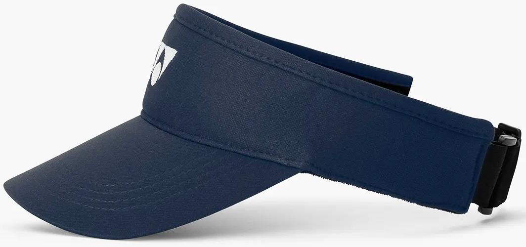 The Yonex 40126EX Badminton Visor in navy blue features a curved brim, white Yonex logo on the front, breathable polyester fabric, and an adjustable back strap for a custom fit.