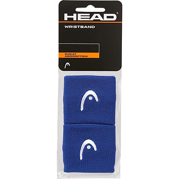The HEAD 2.5" Badminton Wristband in blue, featuring a white logo and designed for sweat absorption, provides perfect towel-like dryness during intense matches and comes in packaging containing two wristbands.