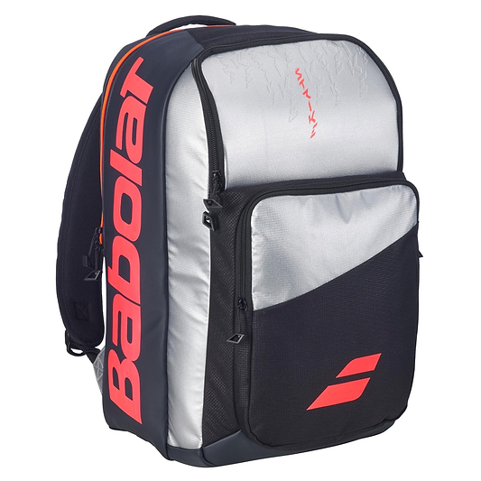 The Babolat Pure Strike Tennis Backpack - Carbon Grey features a spacious front pocket, black and silver design with red accents, and bold "Babolat" branding—ideal for carrying your tennis or badminton gear.