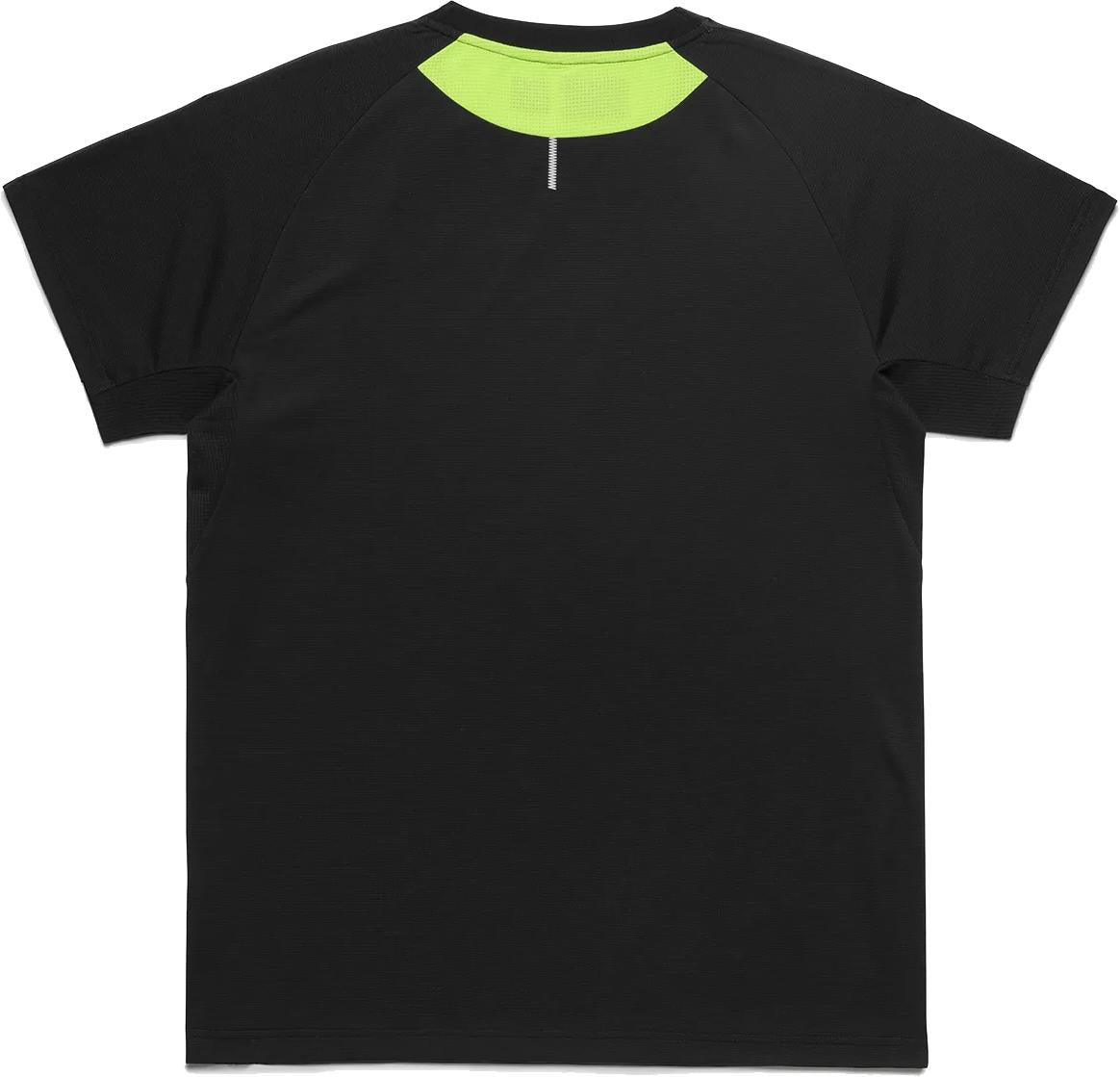 The Yonex 10711YX Crew Neck Men’s Badminton T-Shirt in black is shown from the back, featuring a neon yellow accent at the upper neckline and a small vertical gray line below the collar, making it perfect for badminton performance.