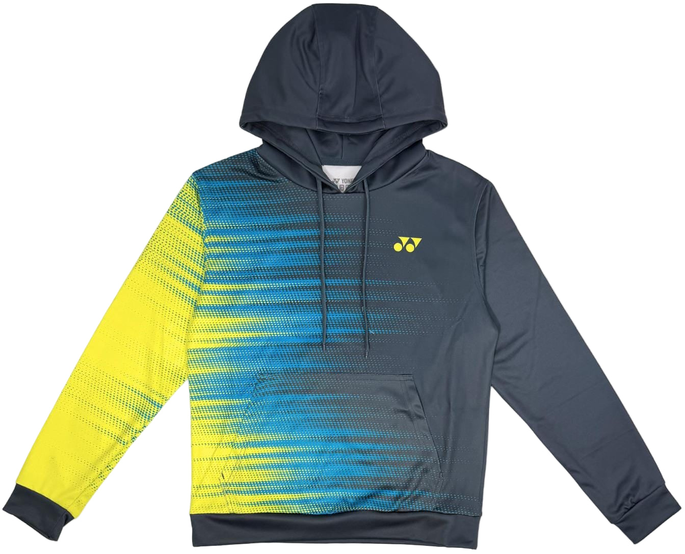 The Yonex YHD2025 Unisex Badminton Hoodie in teal/lime features a front pocket, gradient dotted design on the left side and sleeve, a small lime logo on the chest, and comfortable Poly-Tech Knit fabric for performance.
