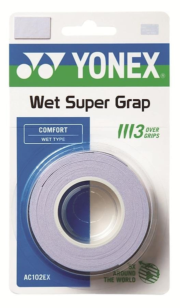 Yonex AC102EX Super Grap Badminton Overgrip 3-Pack in Pale Lilac offers excellent sweat absorption and comfort. Each clear pack contains three Yonex overgrips for sports racquets.