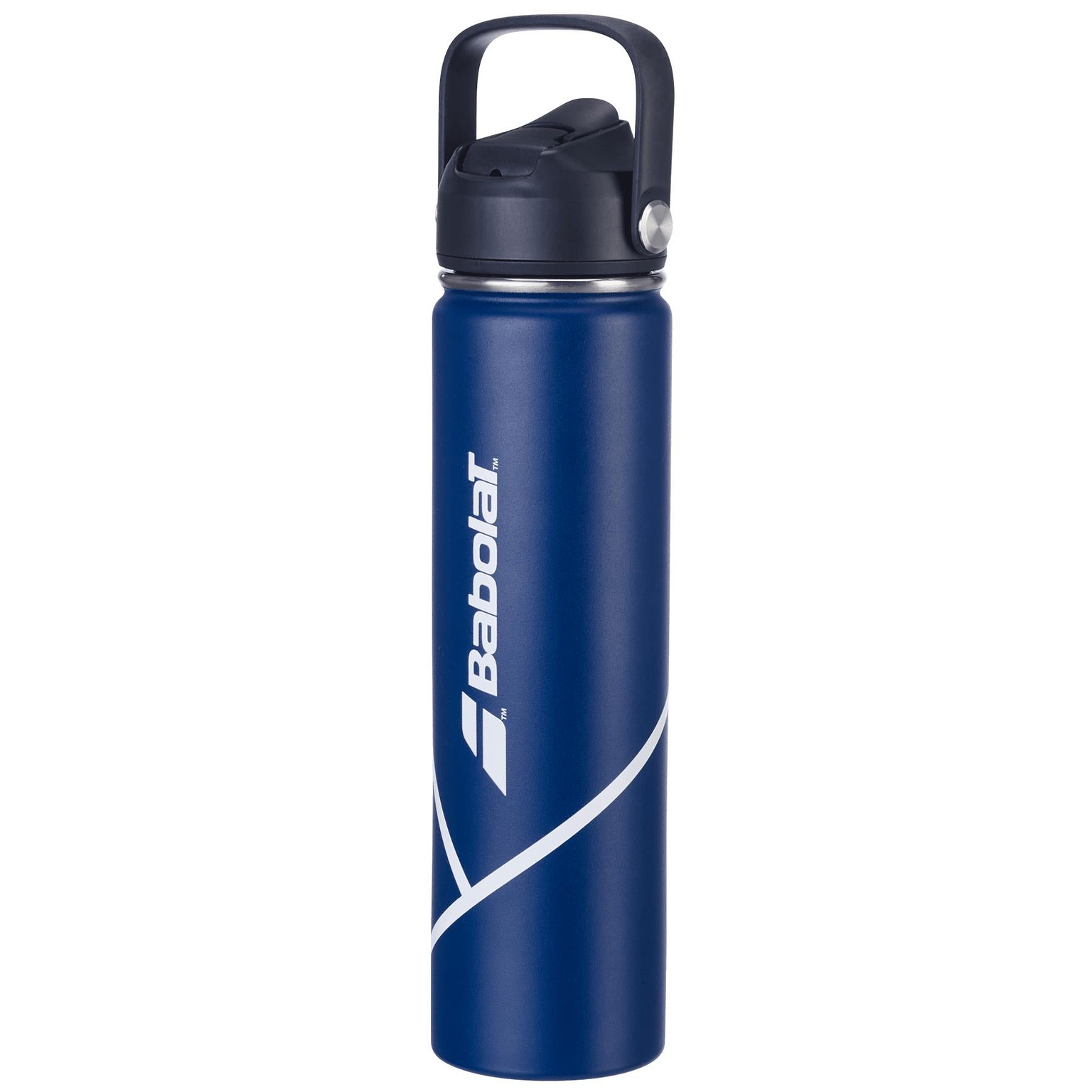Introducing the Babolat Isothermal 750ml Water Bottle in blue—featuring a black flip-top lid with handle and a distinctive white diagonal design near the base.
