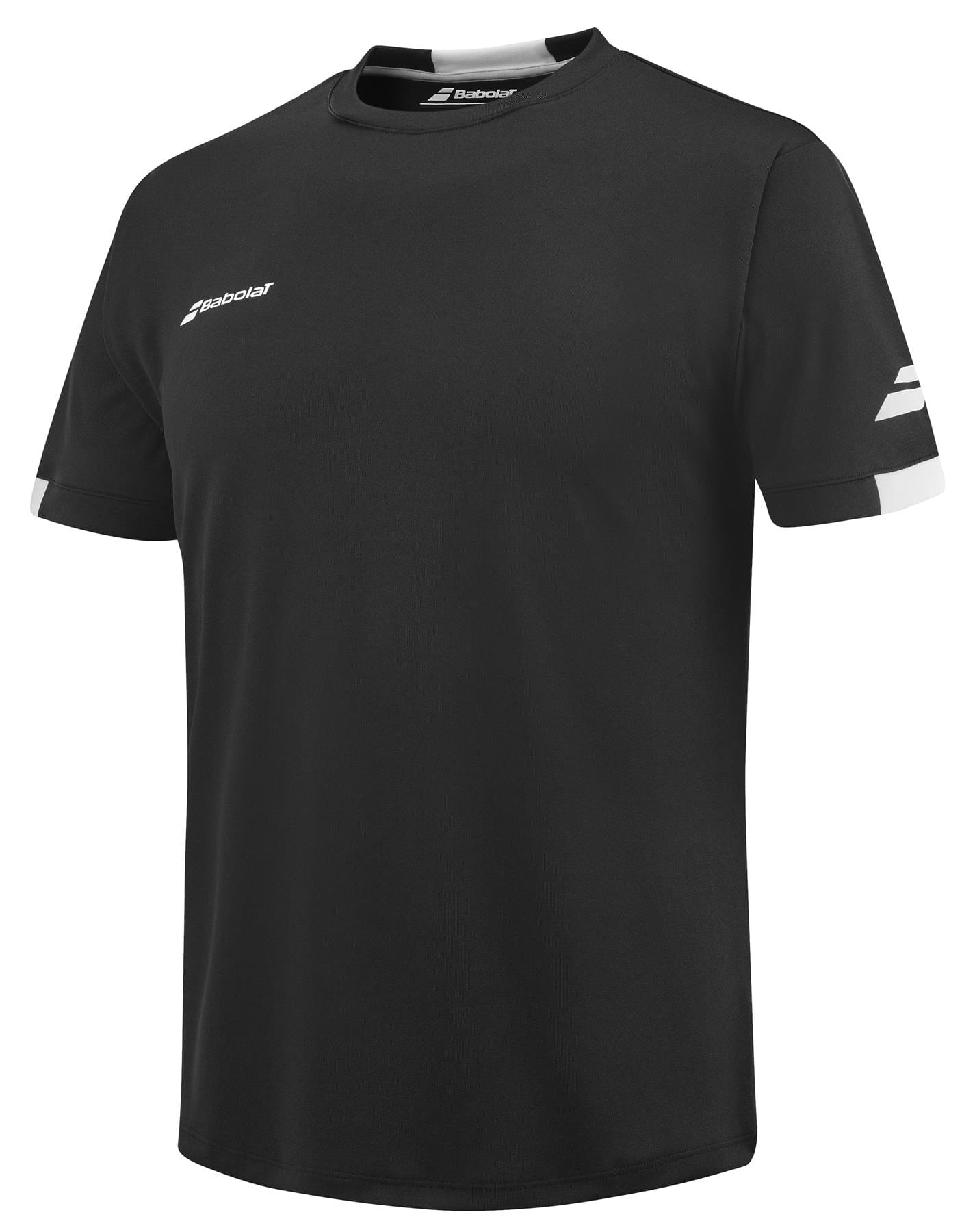 The Babolat Play Men's Crew Neck Badminton T-Shirt in black is made with Fiber Dry technology and showcases a white Babolat logo on the chest and sleeve.