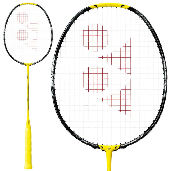 This image features the Yonex Nanoflare 1000 Game 4U badminton racket, boasting a sleek and stylish design with a bold lightning yellow handle. The intricate string pattern is highlighted by red geometric shapes, enhanced by the Sonic Flare System for superior performance.