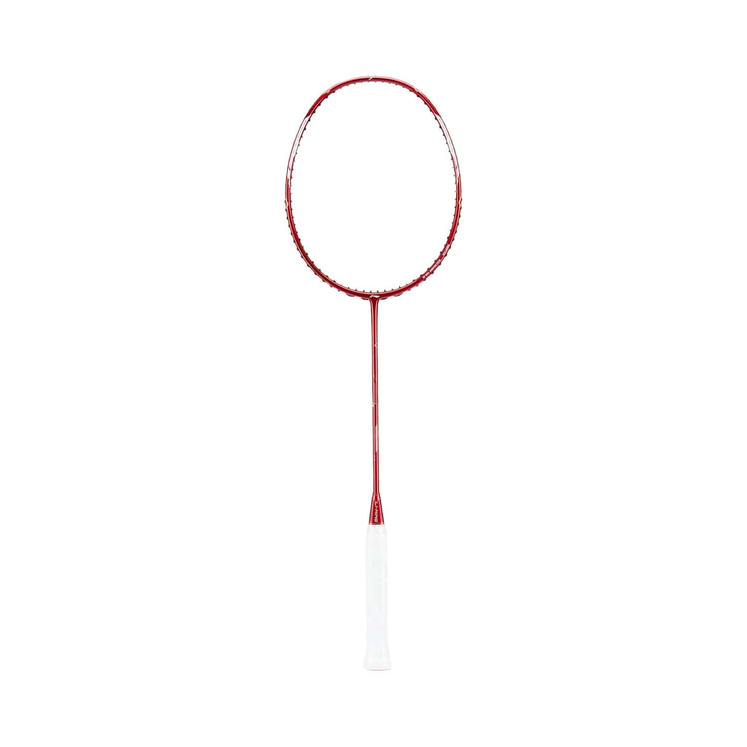 A Li-Ning Axforce Cannon Pro 4U badminton racket in red, equipped with a white grip and the HDF Shock Absorption System, set against a white background.