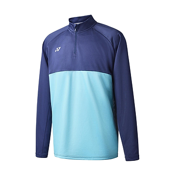 Introducing the Yonex YML123 Unisex Badminton Zip Midlayer, crafted with anti-snag fabric. This long-sleeve athletic pullover features a stylish quarter-zip design in navy, silver, and sky color blocks. It has a small logo on the left chest and comes with a high collar for added flair. Enjoy its comfortable and relaxed fit during your game.