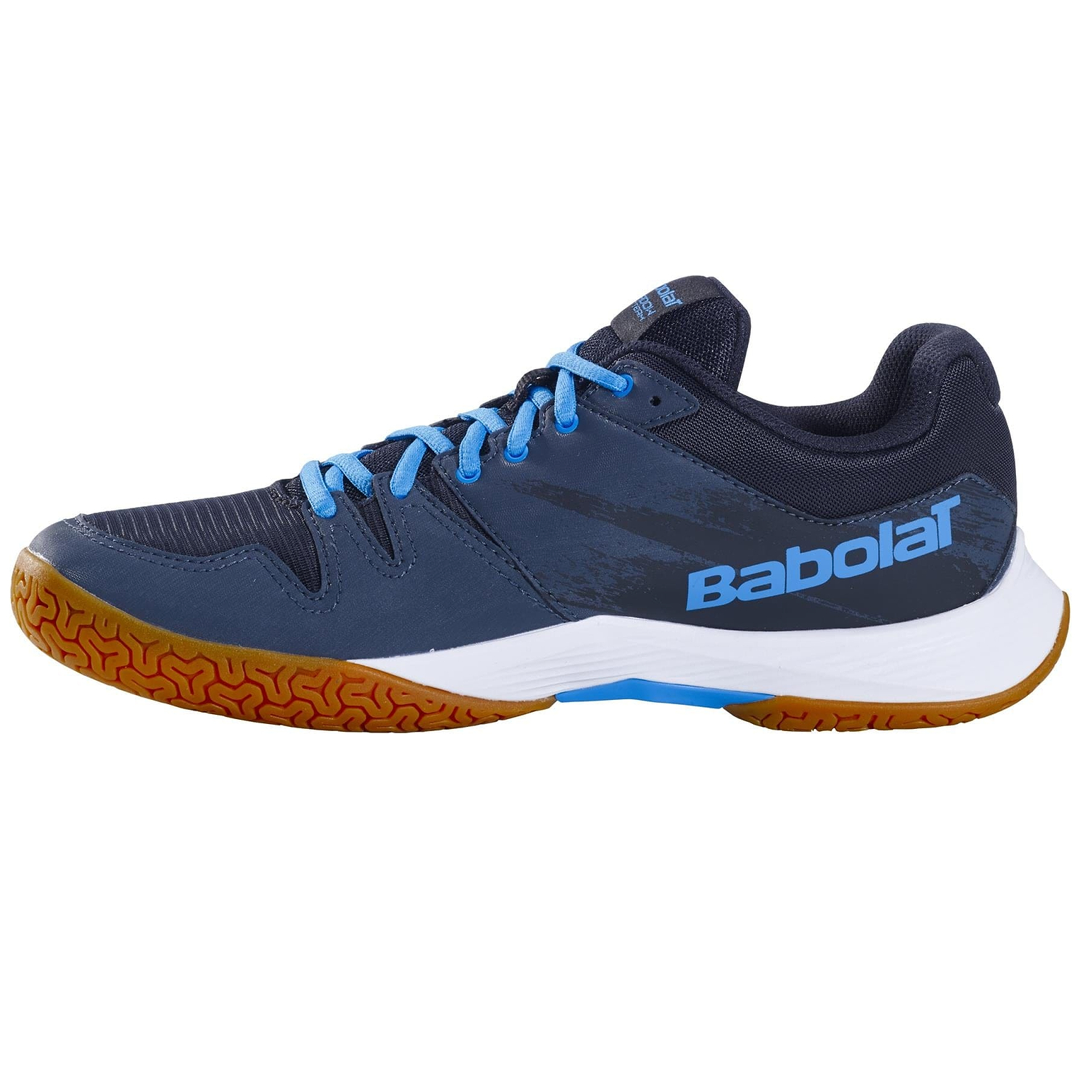 A side view of the Babolat Shadow Team 2 Men's Badminton Shoes in black and grey, featuring light blue laces, a white sole, and a brown Michelin Rubber textured bottom.