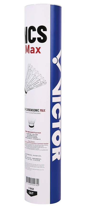 A blue and white tube labeled "VICTOR" contains a set of 12 Victor New Carbonsonic Max NCS Badminton Shuttles, designed for consistent flight and durability during your badminton matches.