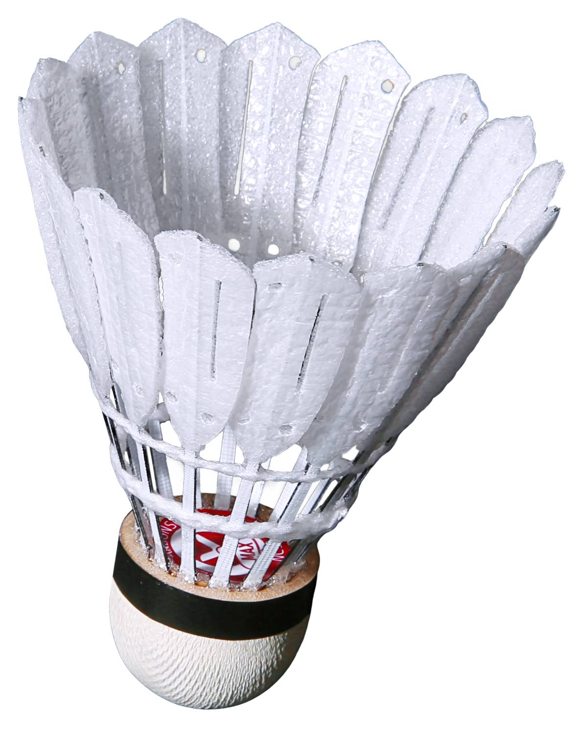 A Victor New Carbonsonic Max NCS badminton shuttlecock—featuring a white synthetic feather-like skirt, cork base, and black band—is isolated on a white background.