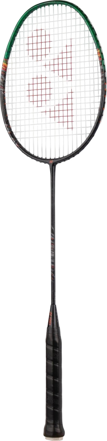 The Yonex Astrox 99 Play 4U Badminton Racket—Black/Green—features a green frame, black grip, and red string pattern, making it an ideal choice for beginner players.