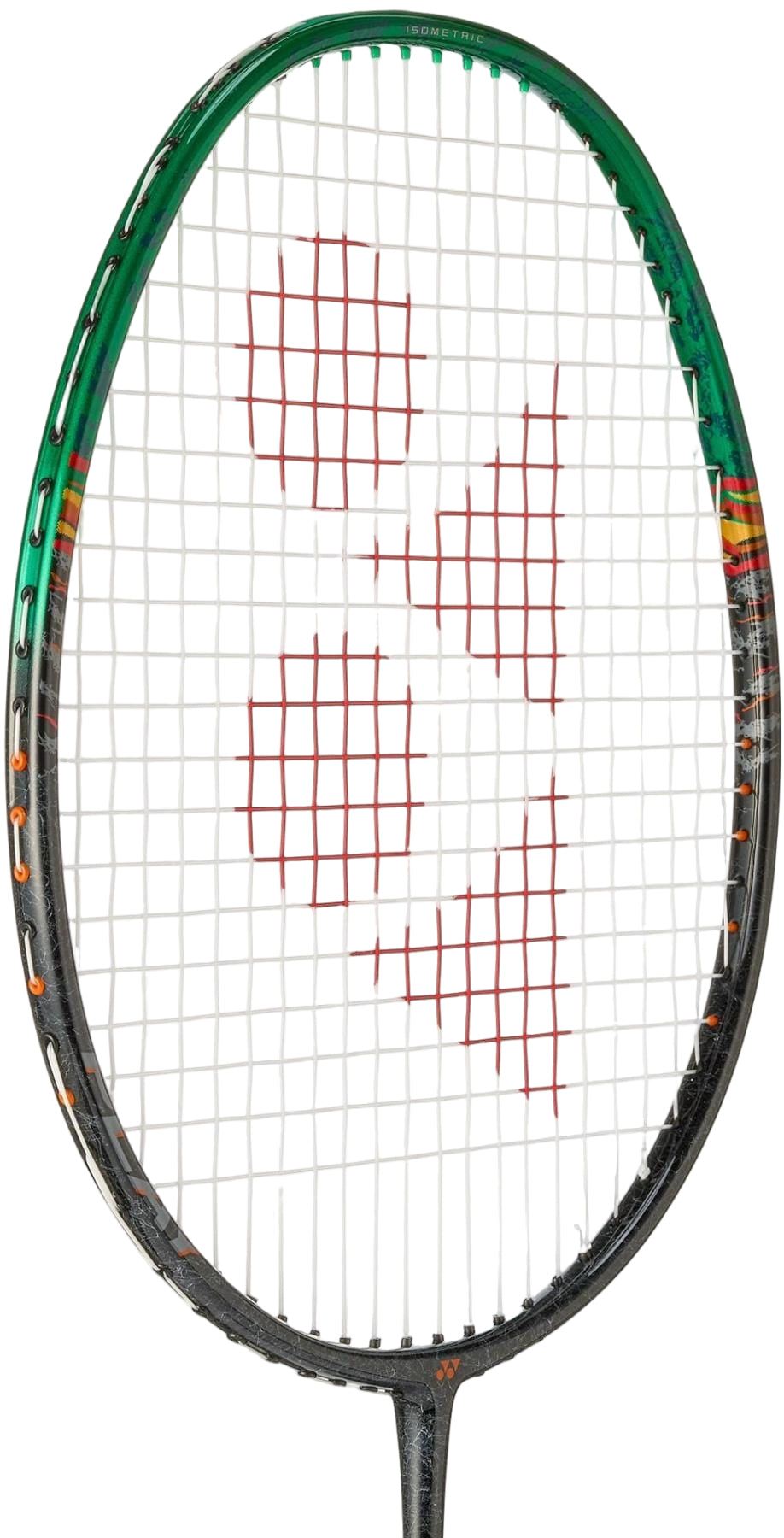 A close-up of the Yonex Astrox 99 Play 4U Badminton Racket in black and green, featuring red strings in a geometric pattern on the racket head.