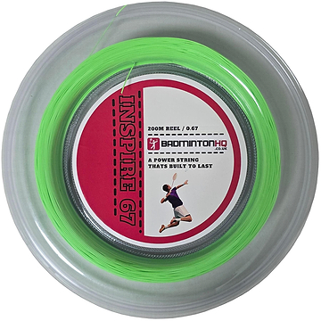 The BadmintonHQ Inspire 67 Zoom 200m reel is a neon green, durable, nylon multifilament power badminton string with a 0.67mm gauge featuring a player logo, designed to enhance court performance.
