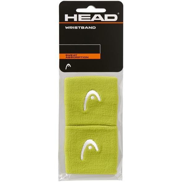 This set of two HEAD 2.5" Badminton Wristbands in lime, featuring the brand "HEAD" and its symbol on the packaging, is designed for superior sweat absorption and elasticity. They are attractively displayed in a clear plastic wrap.