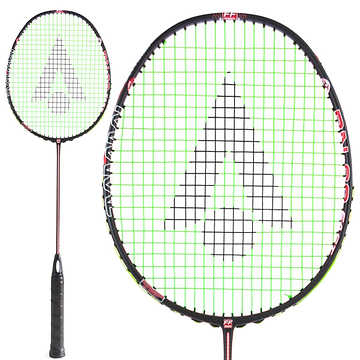 The Karakal BN-60 Fast Fibre Badminton Racket, available in a black and red color scheme, features a lightweight design with a striking green string pattern forming a large "A" at its core. Constructed with Fast Fibre Carbon Gel, it includes a black grip handle. The provided image showcases both the entire racket and an enlarged view of its head.
