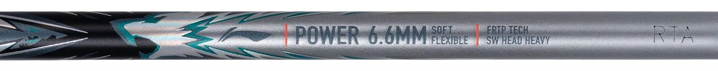 Close-up of the Li-Ning Axforce 70 5U Badminton Racket (Black/Silver) shaft with blue-silver flame graphics, labeled "POWER & MAIN," "SOFT FLEXIBLE," and "FERRITECH SHAFTED TECHNOLOGY," featuring Wing Stabiliser tech.