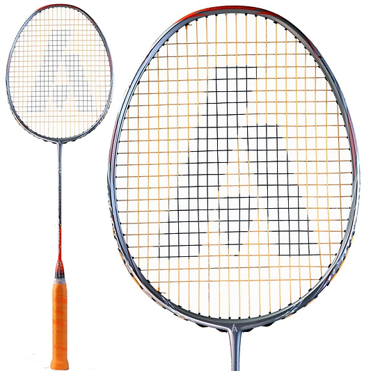 The Ashaway Phantom Shard 3 3U badminton racket, in a striking orange color, features a metallic frame with Shardtech technology, complemented by Zymax 68TX strings and a stylish 'A' design for a modern look.