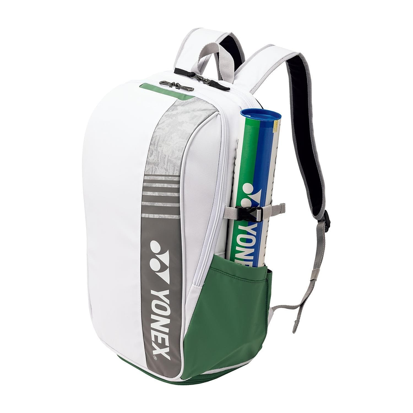 The Yonex 52512EX Club Badminton Backpack in white, with padded shoulder straps and a side pocket containing a blue and white cylindrical container, is adorned with the Yonex logo, making it perfect for club badminton enthusiasts.