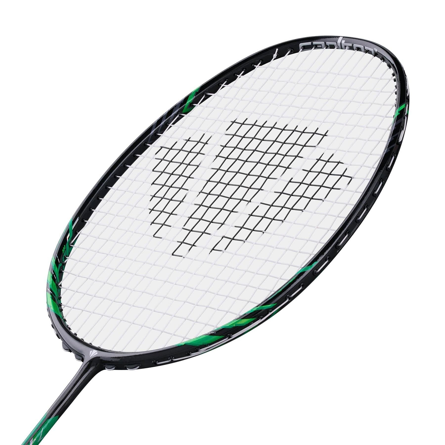 A close-up of the Carlton GP-X 78 5U Badminton Racket by Carlton, featuring a black frame with green accents and white strings, crafted from Japanese High Modulus Graphite for durability and a head heavy balance.
