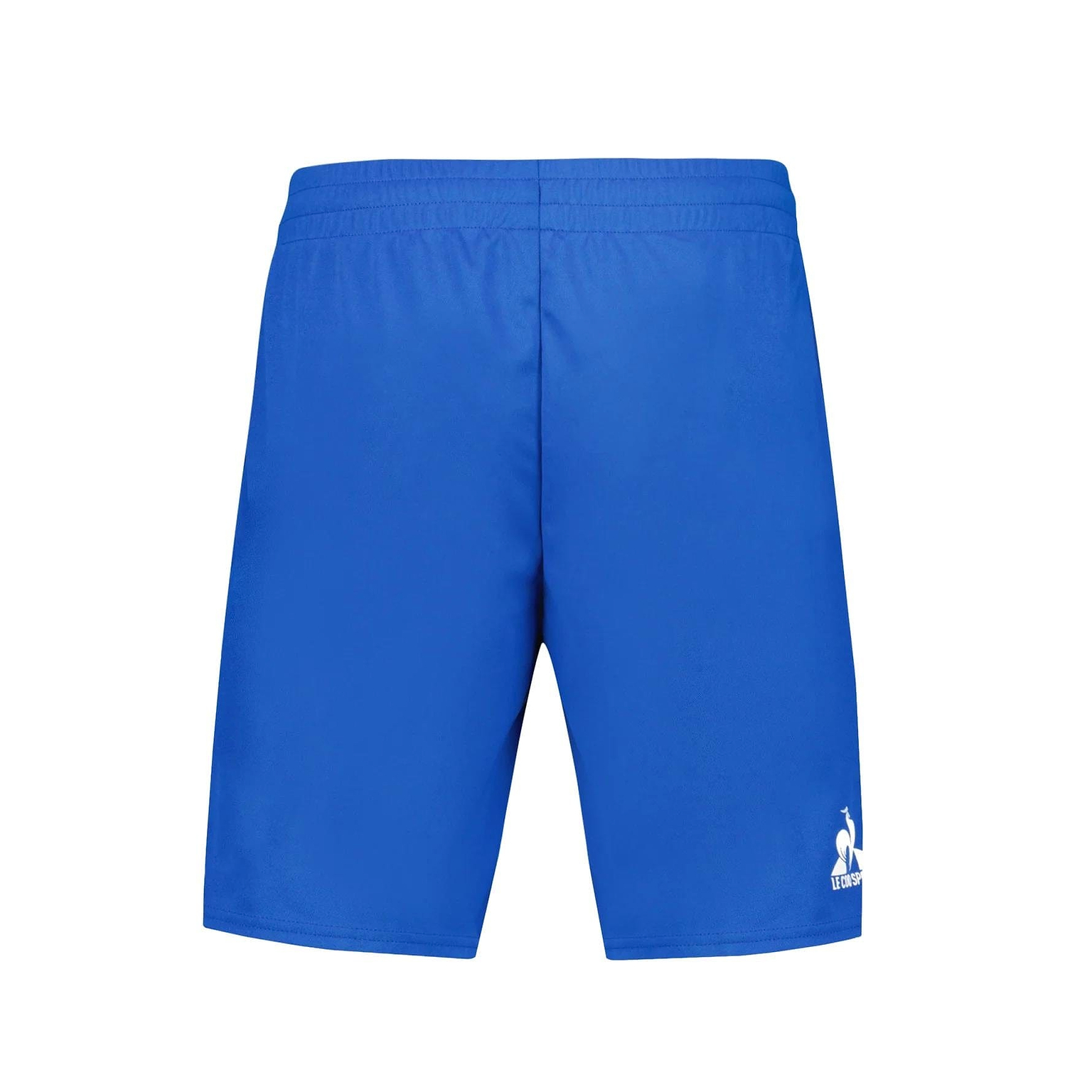 The Le Coq Sportif Pro Men's Badminton Shorts in Lapis Blue showcase an elastic waistband and a back view. Made from breathable fabric to keep you dry, the shorts display a small white rooster logo along with "le coq sportif" on the lower right leg.