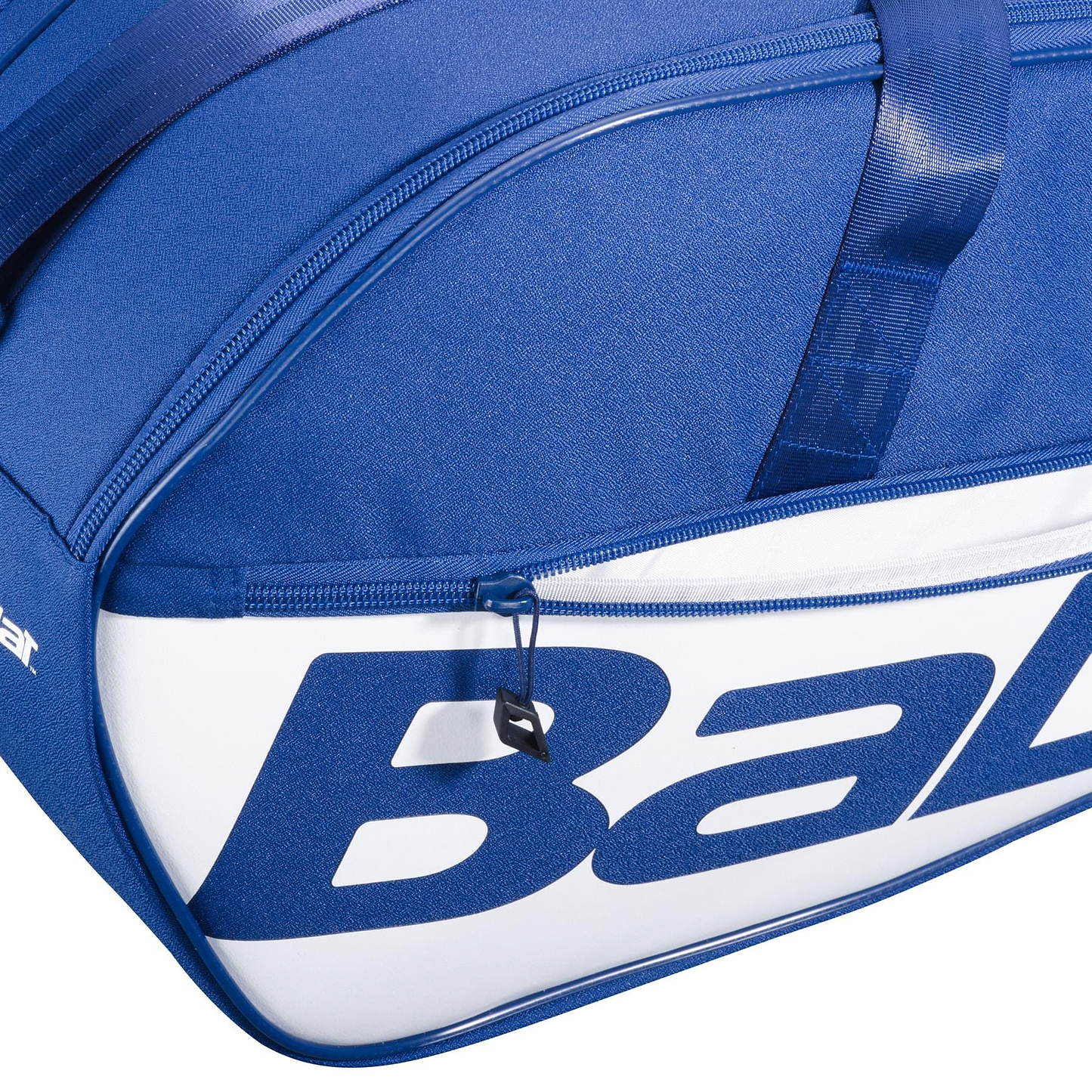 Close-up of the Babolat Court M 6 Racket Badminton Bag in dark blue, featuring a zipper, bold "Ba" lettering, smooth recycled PET fabric for durability, and a reinforced top strap.