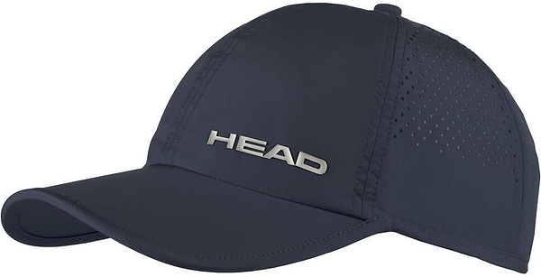 The HEAD Pro Player Badminton Cap - Navy is a lightweight sports cap with side ventilation holes, UV protection, and "HEAD" in silver on the front—ideal for badminton players.