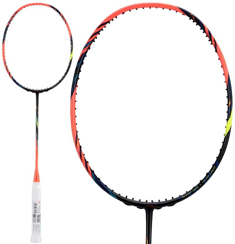 A close-up of the Li-Ning BladeX 500 4U Badminton Racket – Neon True Orange by Li-Ning, showing its black frame with red and yellow accents, TB Nano Tech, a white grip, and an oval, stringless head.