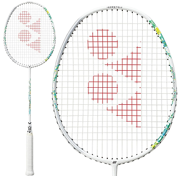 Two views of the Yonex Astrox 02 Feel 4U Badminton Racket by Yonex in white/green: one displays the full entry-level racket, while the other offers a close-up of its head, highlighting the design details.
