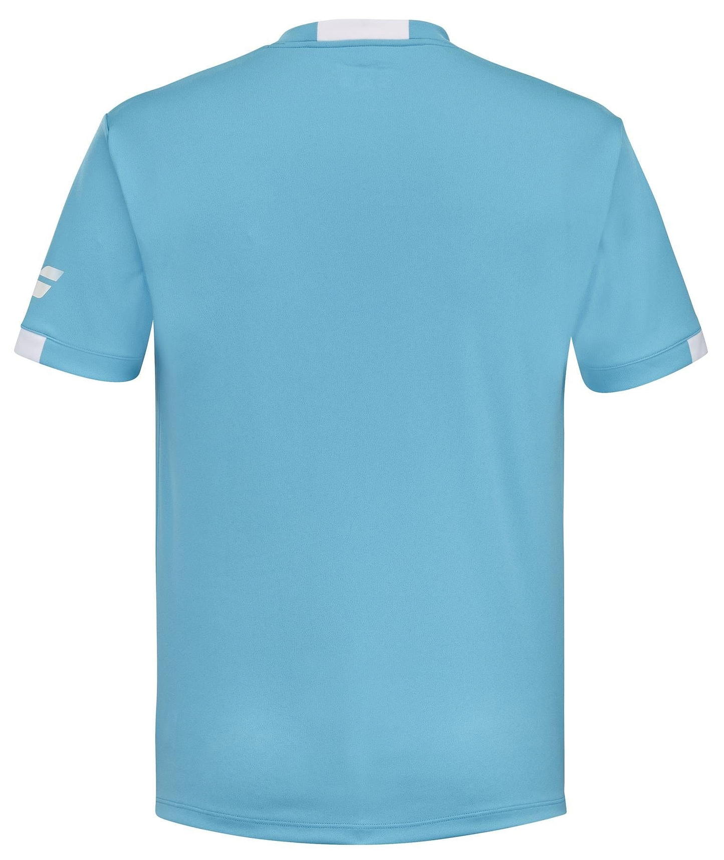 A cyan blue badminton T-shirt with short sleeves, featuring white bands on the sleeve edges. Crafted with Fiber Dry technology, this Babolat Play Men's Crew Neck T-Shirt ensures comfort and performance. The back remains plain, without any visible branding or design elements.