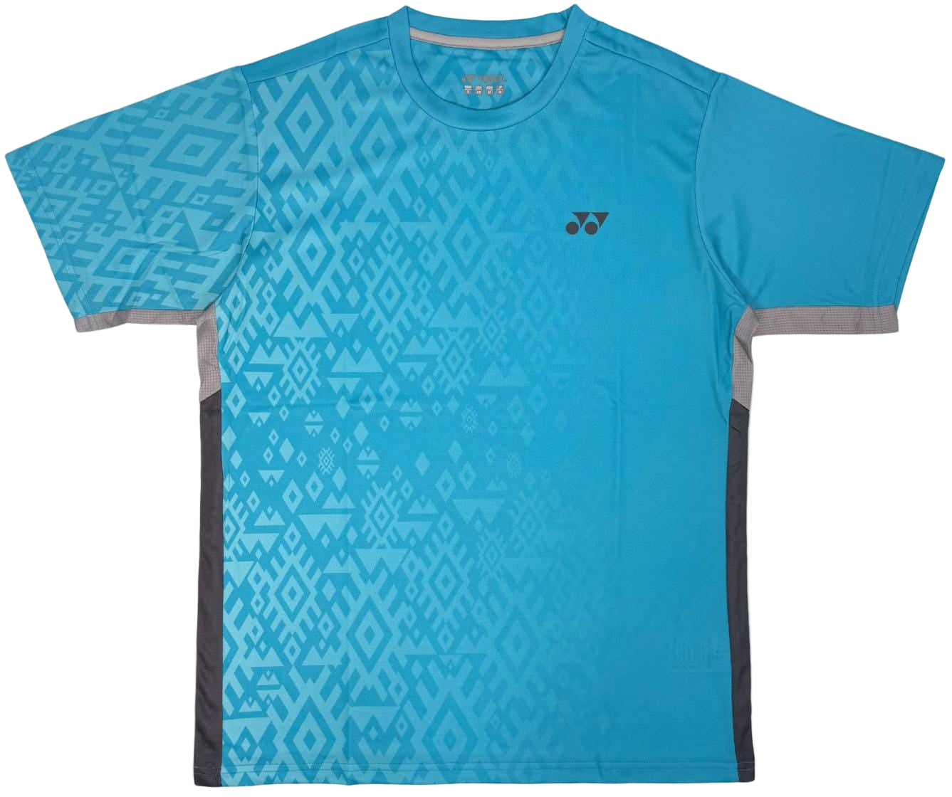 The Yonex YTM11 Men's Badminton T-Shirt in Blue Sea features geometric patterns, gray side panels, a small black Yonex logo on the left chest, and quick-dry comfort—perfect for your next match.