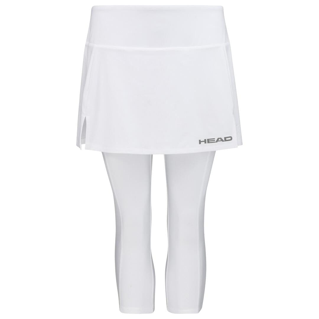 HEAD Womens Club 3/4 Tights Badminton Skort in white, featuring a small side slit and the "HEAD" logo in gray on the lower left front. Made with Moisture Transfer Microfibre to ensure you stay cool and comfortable.