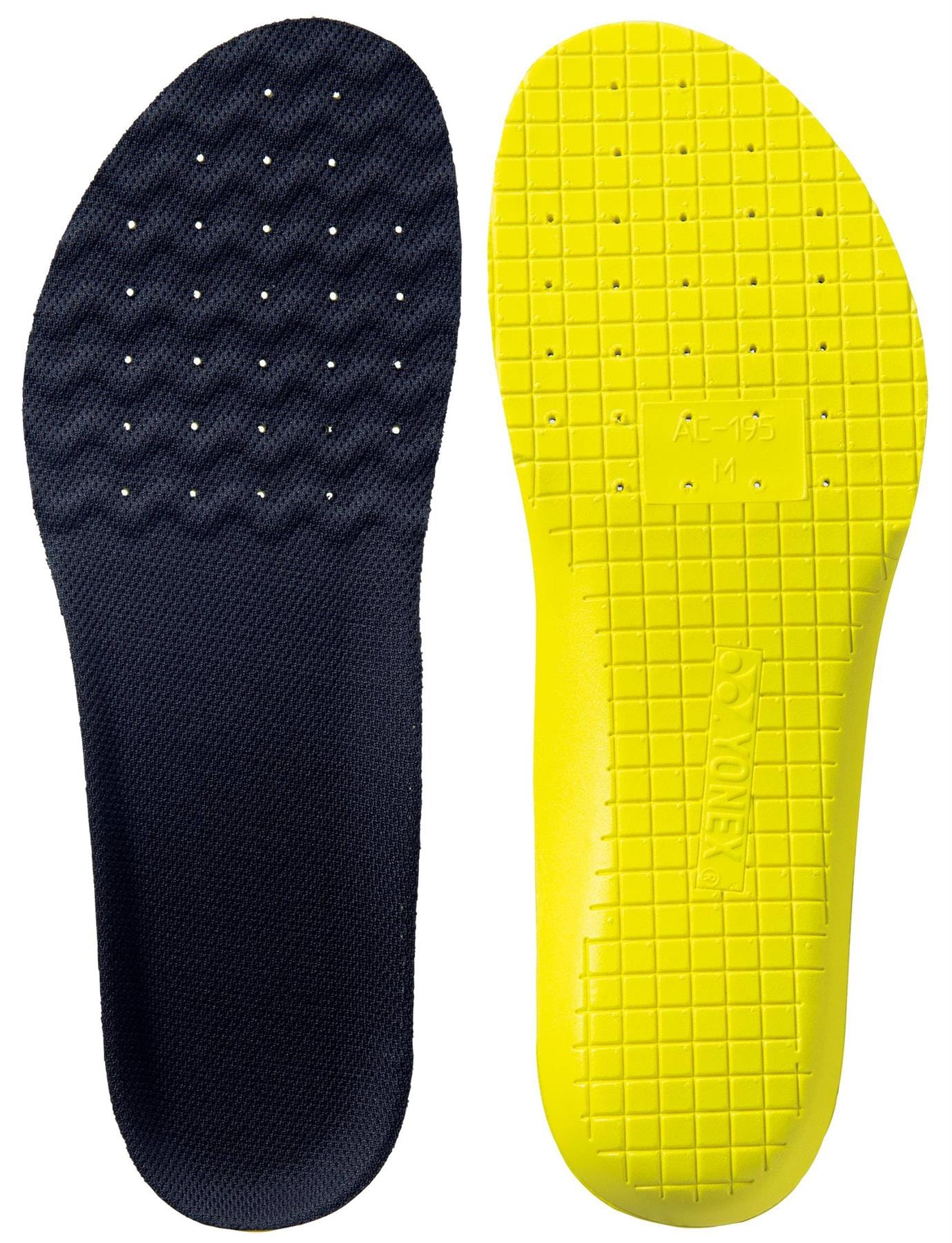 Yonex AC195 Power Cushion+ Badminton Insoles feature a black top with ventilation holes and wavy texture, plus a yellow bottom with grid pattern and raised Yonex branding for superior shock absorption—ideal for court performance.