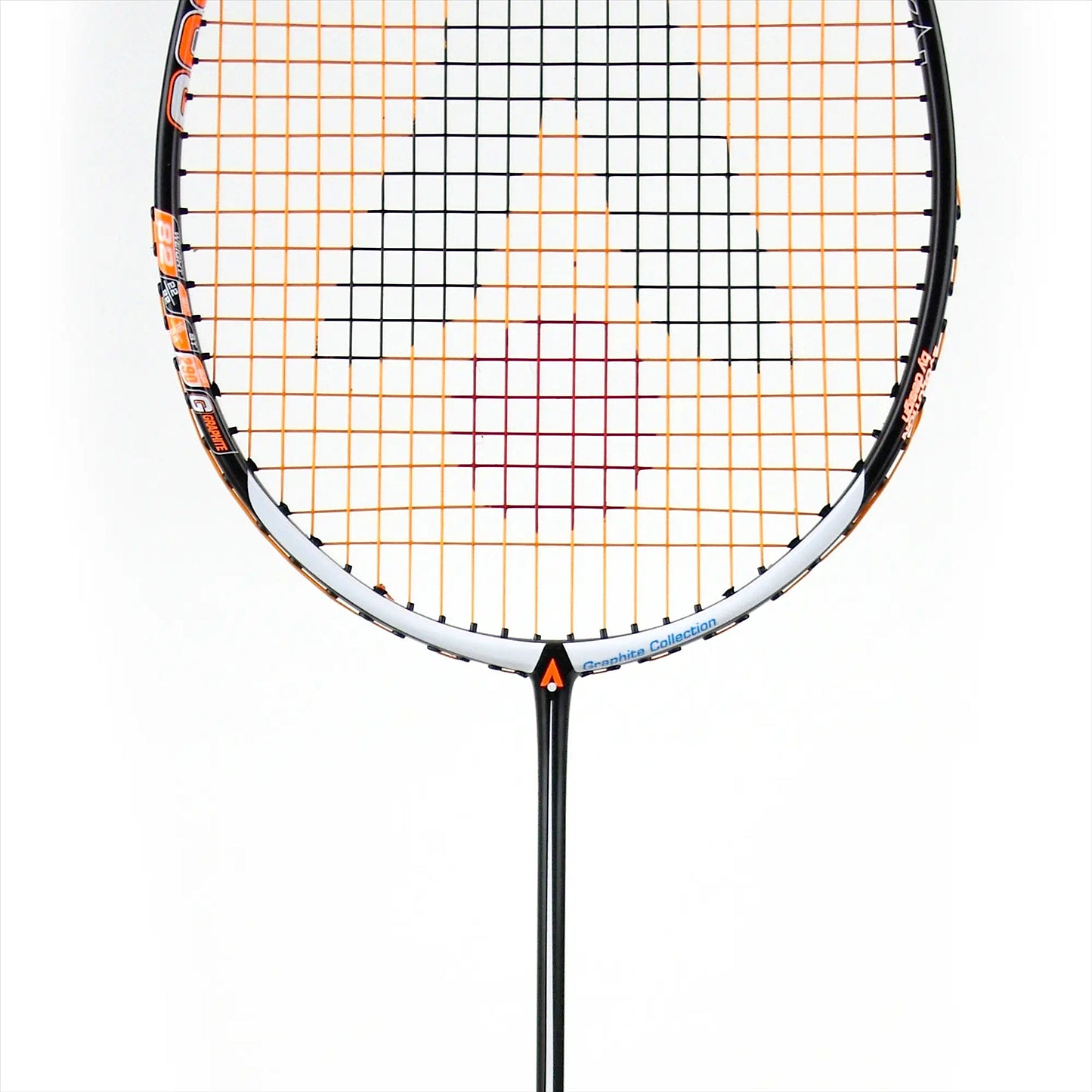 The Karakal Black Zone BZ 30 2.1 Badminton Racket boasts an isometric head with a black and orange frame, white strings, and a bold orange design on the strings. Its sleek black handle ensures a firm grip for intense matches.