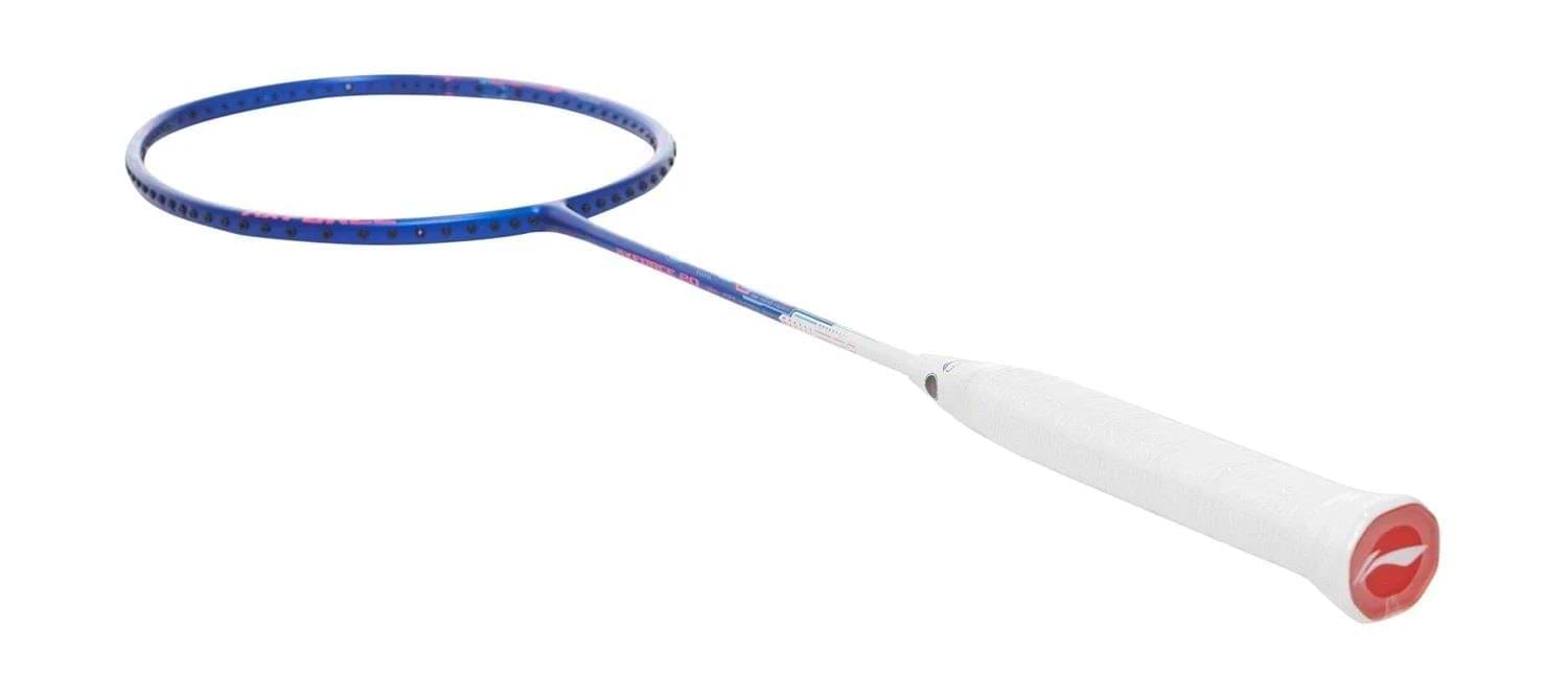 The Li-Ning Axforce 20 4U Badminton Racket in Gulf Blue features a head-heavy balance and round frame for powerful shots. It has a simple design with a red logo on the white handle, while its lightweight build and flexible shaft make it ideal for dynamic play.