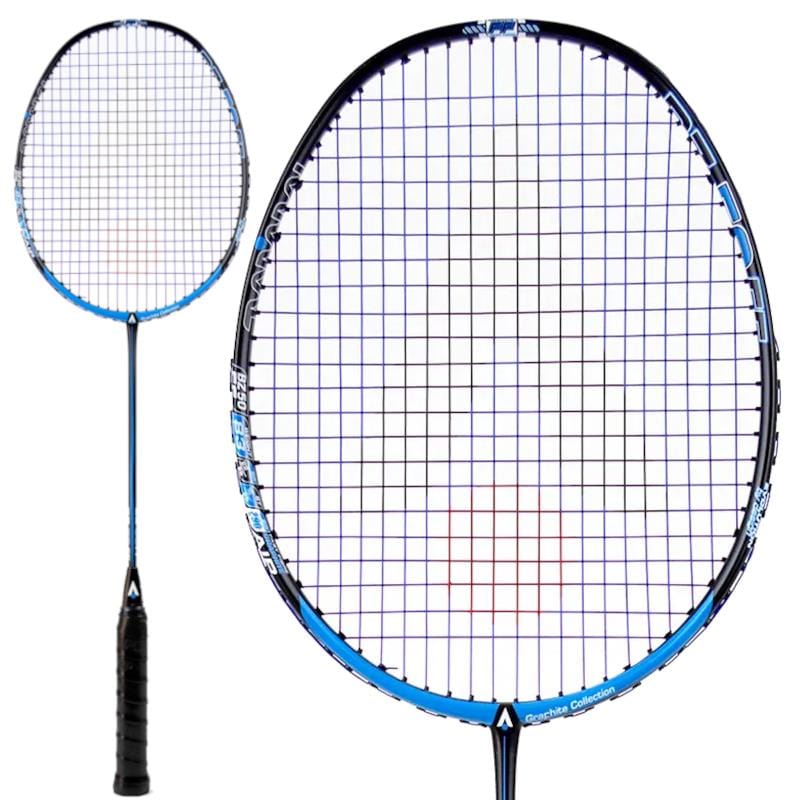 Close-up of a Karakal Black Zone BZ 50 2.1 badminton racket, featuring a sleek black handle and vibrant blue frame. The isometric square head design showcases strings in a precise grid pattern, elegantly highlighting the Fast Fibre Graphite construction from various angles.