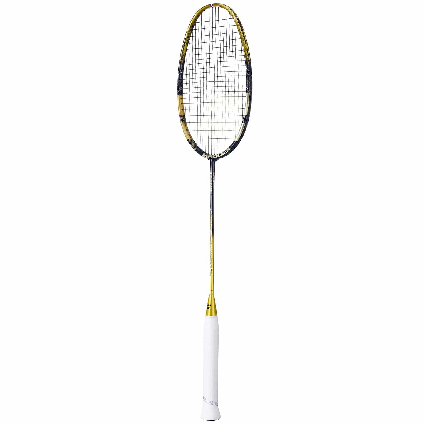 The Babolat Jetstream 83 4U Badminton Racket, featuring a gold and black frame, tightly strung strings, and a white grip handle, offers enhanced maneuverability with its slender shaft connecting the handle to the oval-shaped head.